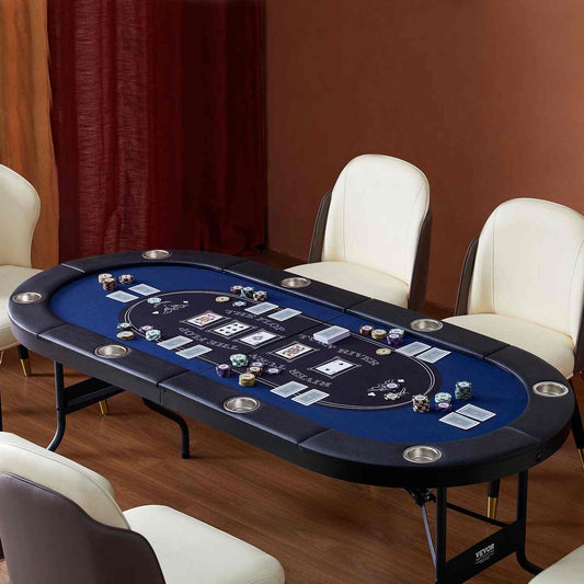 Foldable oval 8 player poker table with green felt, steel frame, cupholders, and armrests