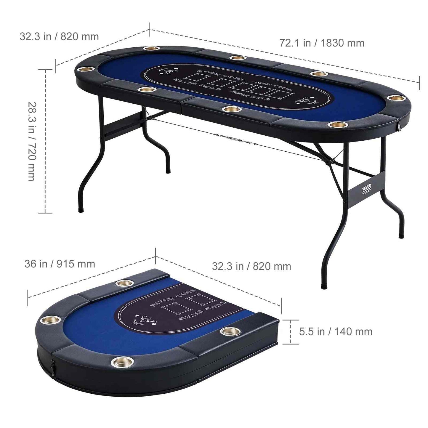 Foldable oval 8 player poker table with green felt and stainless steel frame