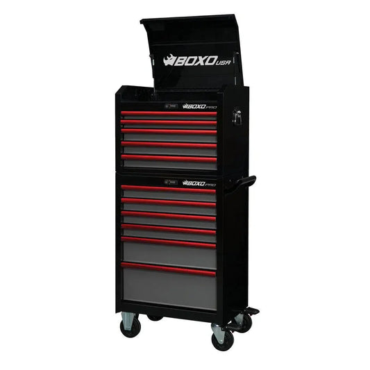 BoxoUSA Pro Series 26" 11-Drawer Rolling Tool Box – Black & Red