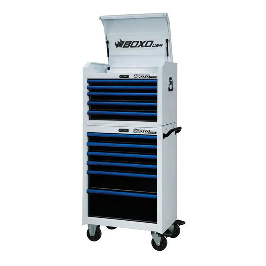 BoxoUSA Pro Series 26" 11-Drawer Rolling Tool Box – White & Blue