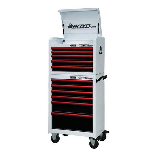 BoxoUSA Pro Series 26" 11-Drawer Rolling Tool Box – White & Red
