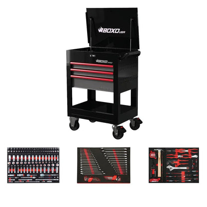 BoxoUSA Pro Series Loaded 28" 3-Drawer Flip Top Service Cart Tool Box