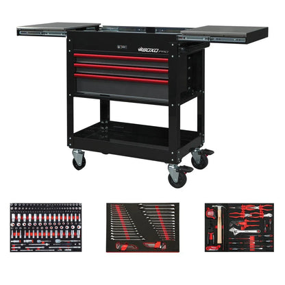 BoxoUSA Pro Series Loaded 35" 3-Drawer Slide-Top Service Cart Tool Box