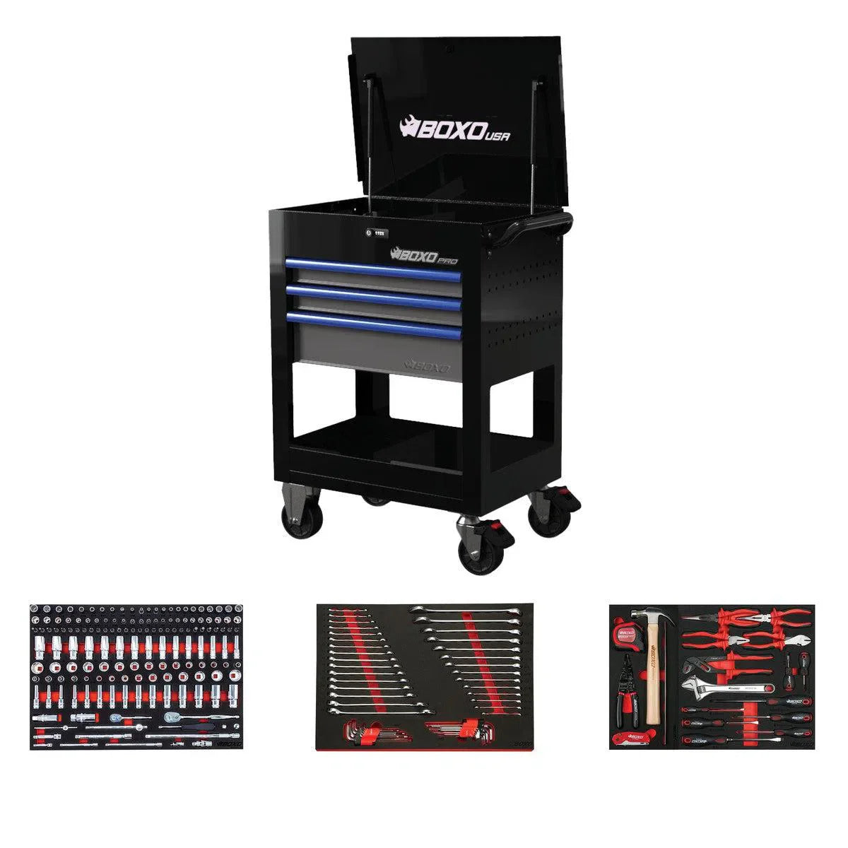 BoxoUSA Pro Series Loaded 28" 3-Drawer Flip Top Service Cart Tool Box